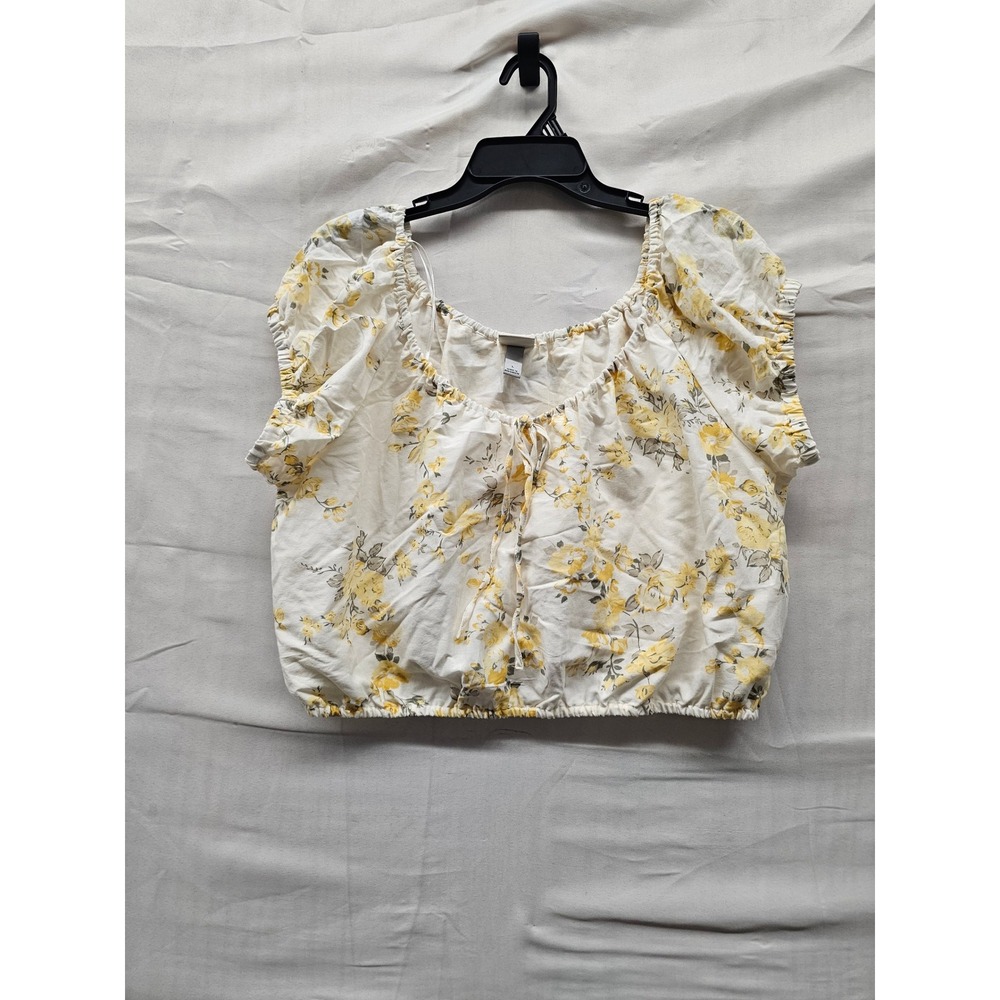 A New Day Womens Puff Sleeve Square Neck Floral Blouse White Cotton Size Large
